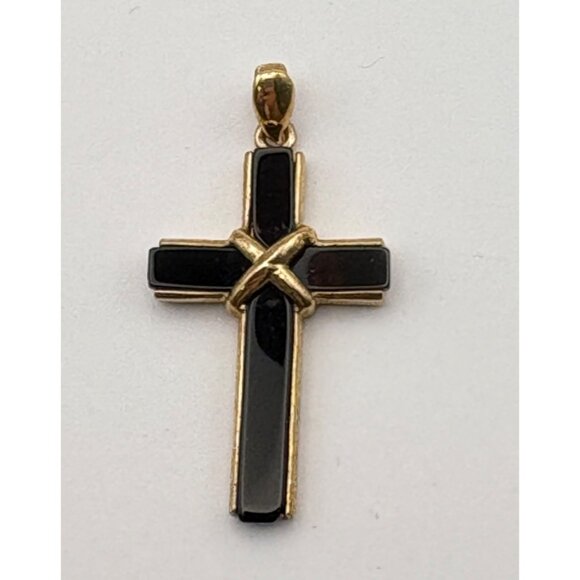 Vintage Black Inlay Cross Pendant Charm Gold Tone Religious Christian Jewelry - Picture 6 of 6